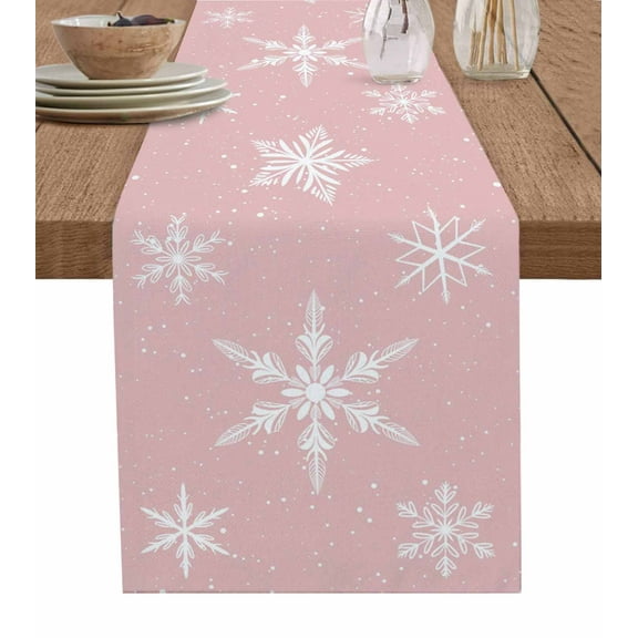 Pink Christmas Table Runner 36 Inches, Xmas Snowflake Winter Bed Runner Dresser Scarves Tabletop for Indoor Outdoor Parties/Ceremony/Banquet, 13"x 36"