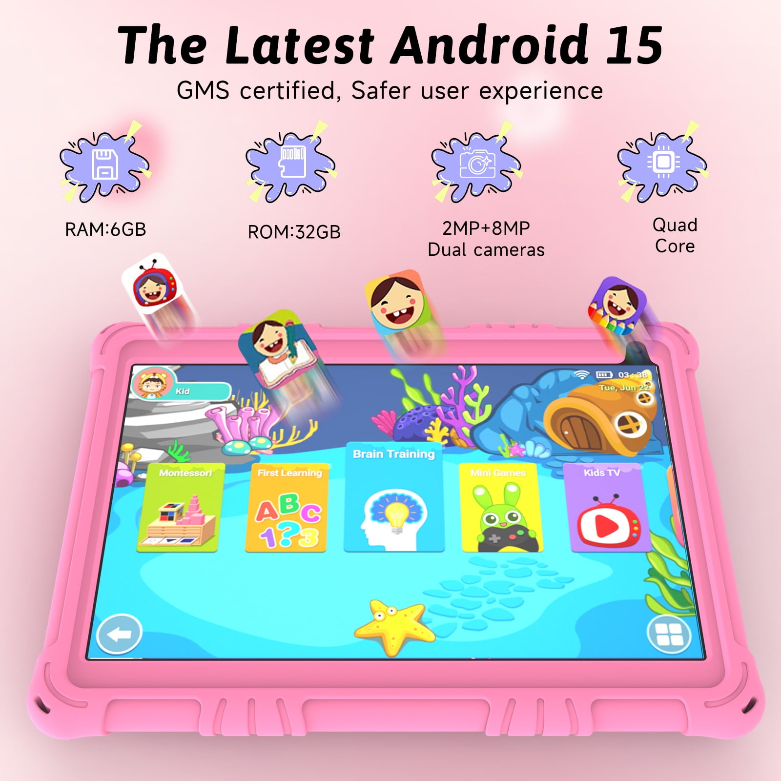 Android 15 Kids Tablet 10 inch Tablet for Kids, Toddler Tablets with Shockproof Case, 6GB RAM 32GB ROM 1TB Expand, Parental Controls, Kids Space, Child Learning, WiFi, 6000mAh, Dual Camera, Pink