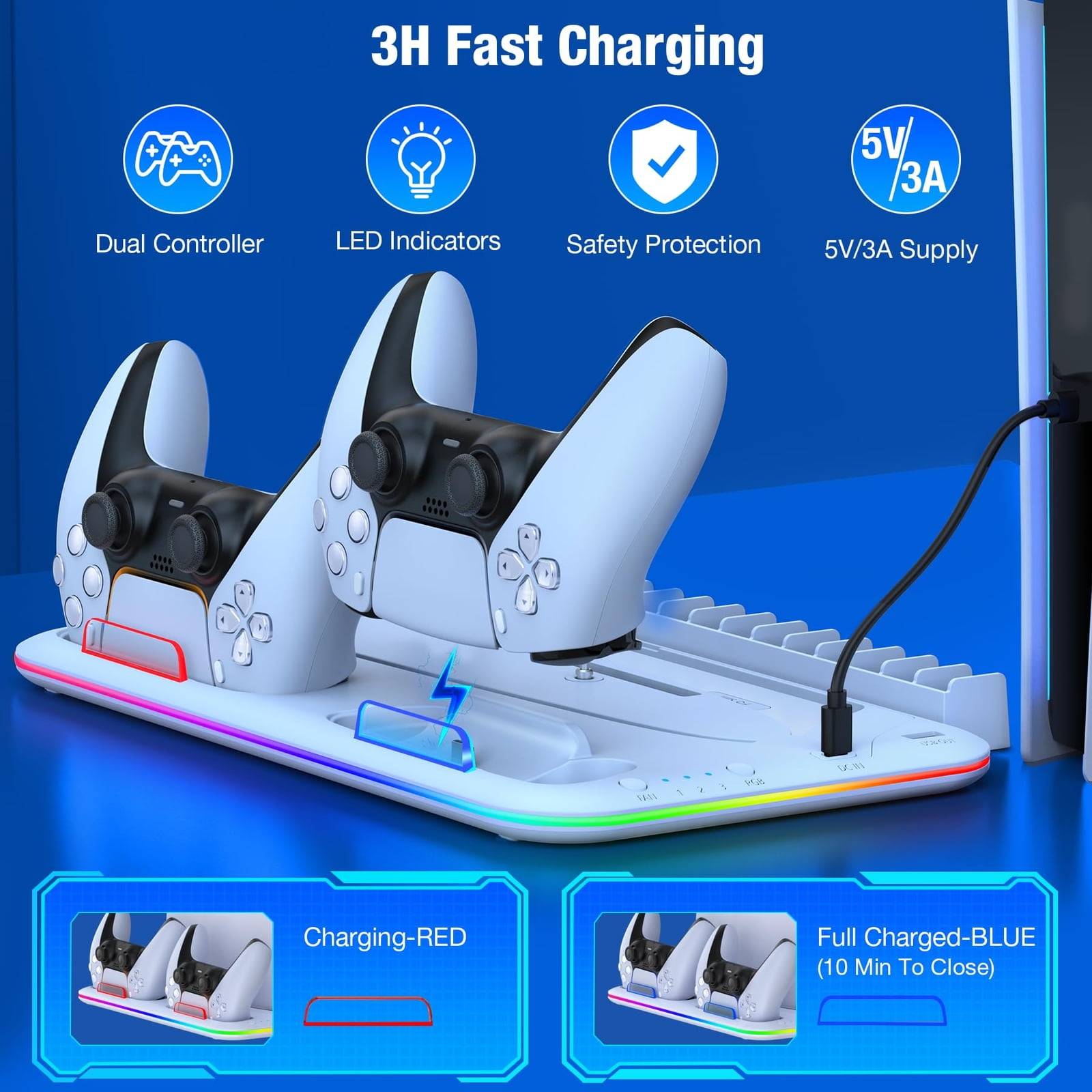 PS5 Stand and Cooling Station with Controller Charging Station for P5 Slim, PS5 Accessories Incl. 3 Levels Cooling Fan, 15 Game Storage, Headset Holder for Playsation 5 Digital/Disc, White