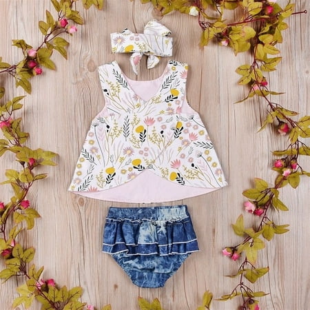 

Infant Baby Kid Girl Clothes Flower Tops Mini Skirt Shorts Headband Outfits Sets 0-3 Years