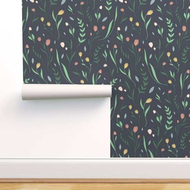 Removable Wallpaper 12ft x 2ft Leaves Flowers Flora Navy Blue Spring