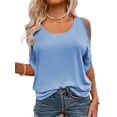 thumbnail image 3 of Langwyqu Summer Solid Color Women Cold Shoulder Women Scoop Neck Casual Blouse Tops, 3 of 5