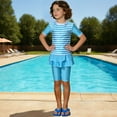 thumbnail image 4 of Agkizg Girls Two Piece Swimsuit Set Rashes Guard Hawaiian Stripe Short Sleeve Top and Knee Length Skort for Kids, 4 of 4