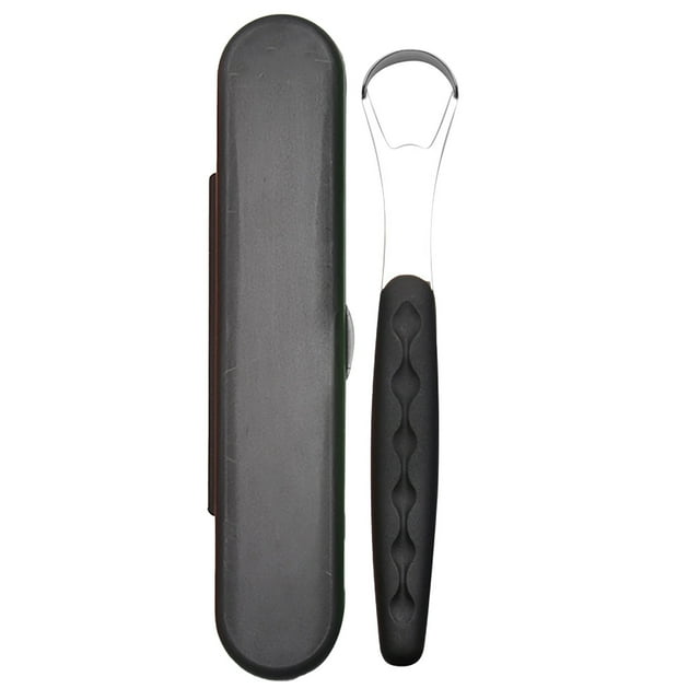 WIFKLSIIPG adult tongue scraper made of food-grade PP material, shown in black with a double-sided design for effective tongue cleaning. Includes a convenient hook handle and a protective storage case. Designed to remove tongue coating, reduce bad breath, and improve oral health.