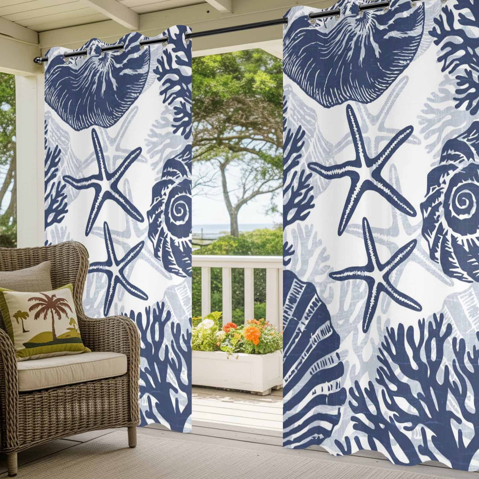 Navy Coastal Outdoor Curtains for Patio, Beach Starfish Nautical Coral Shell Summer Sunshade Privacy Drapes Grommet Waterproof Outside Curtains for Porch/Cabana/Balcony 54"x 108", 1 Panel