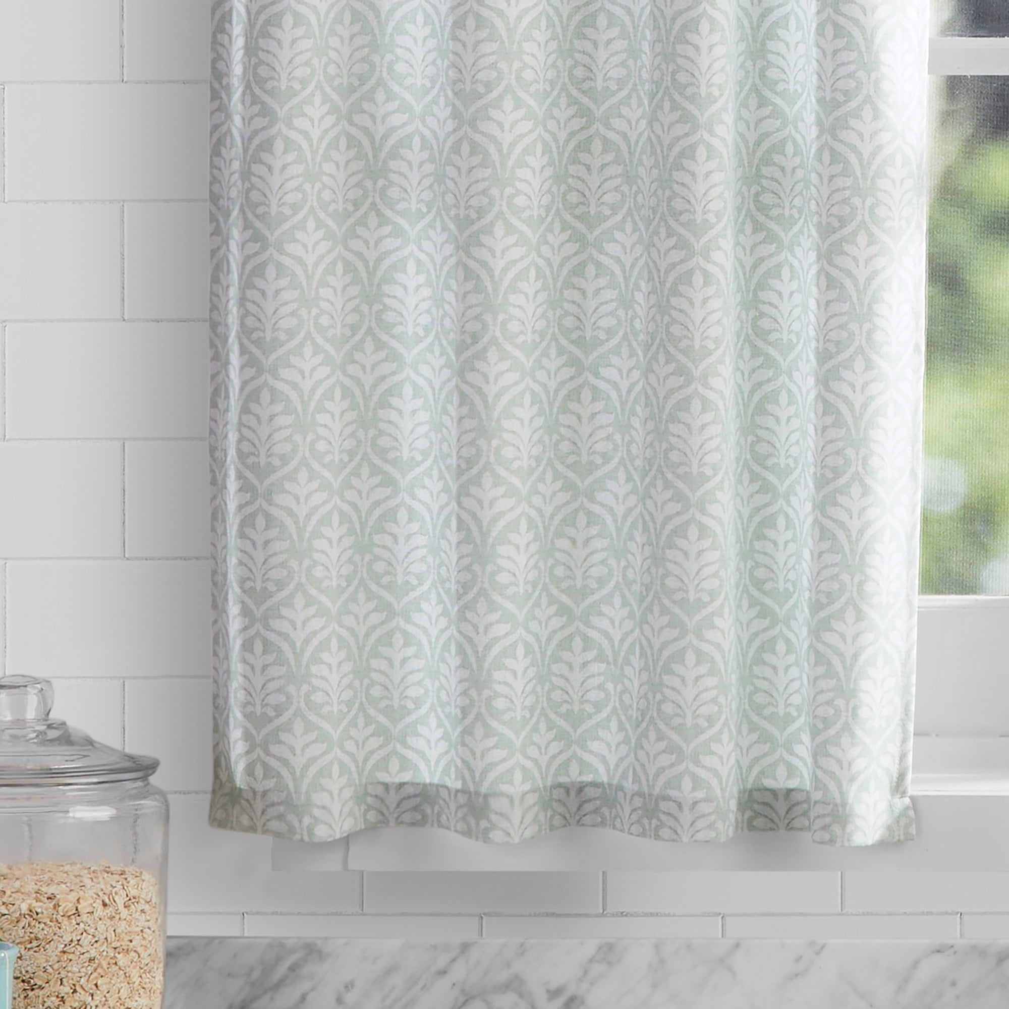 Mainstays 3 Piece Printed Tiers and Valance Set - Green Leaf, Seafoam, Recycled Polyester, BCI Cotton, 56"W x 14"L, Indoor Curtain, Adult