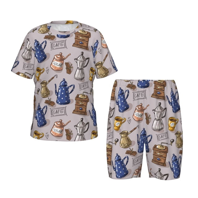 Fotbe Antique Vintage Teapot Coffee Grinder Pijama Estampada de 2 Piezas para Niños – Ropa de Dormir de Manga Corta Cómoda para Niños y Niñas, Camiseta y Shorts de Algodón-X-Large