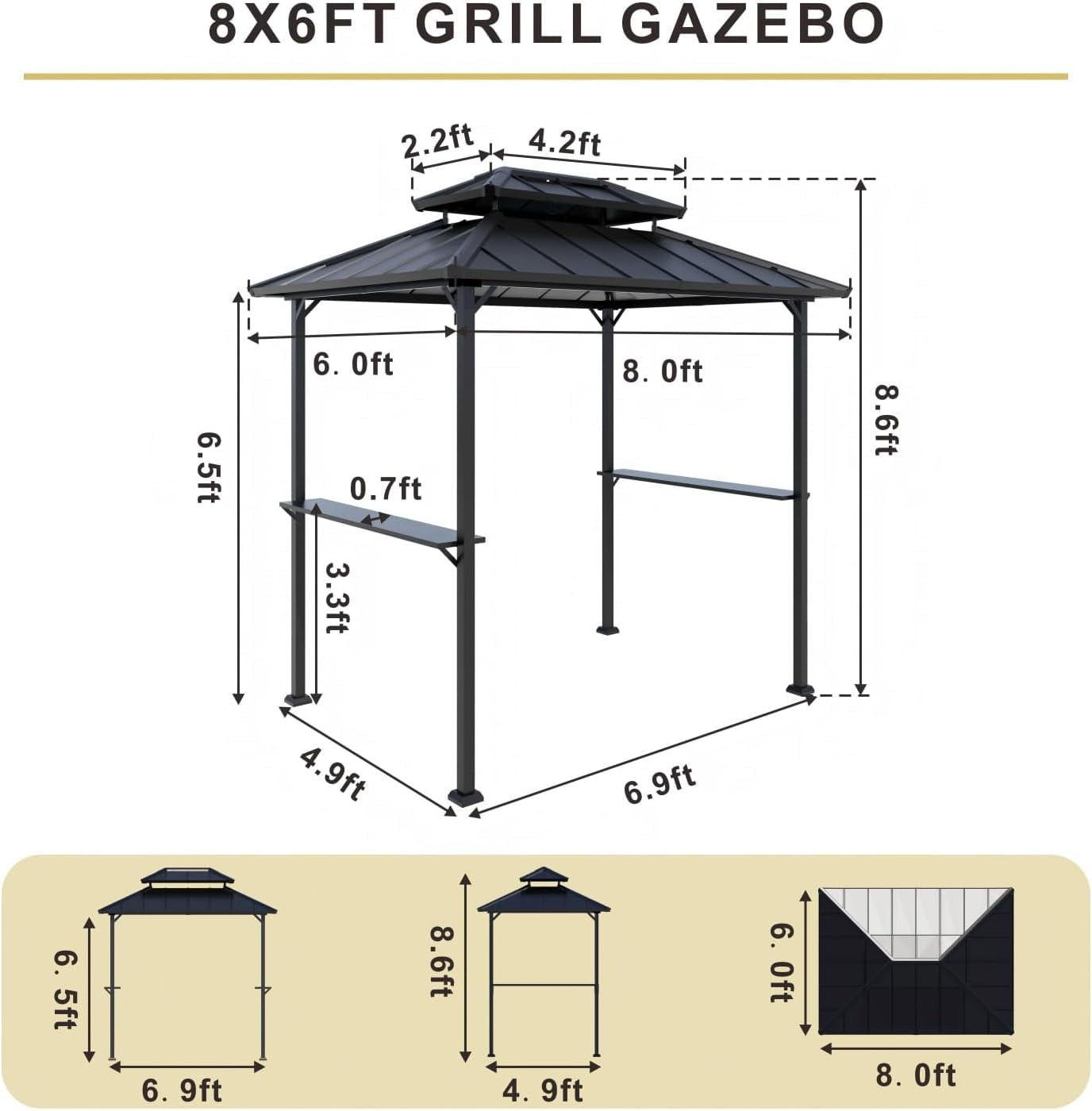 SOLUMIA 8' x 6' Hardtop Grill Gazebo with Galvanized Steel Roof, Aluminum Frame and Side Shelves for Patio