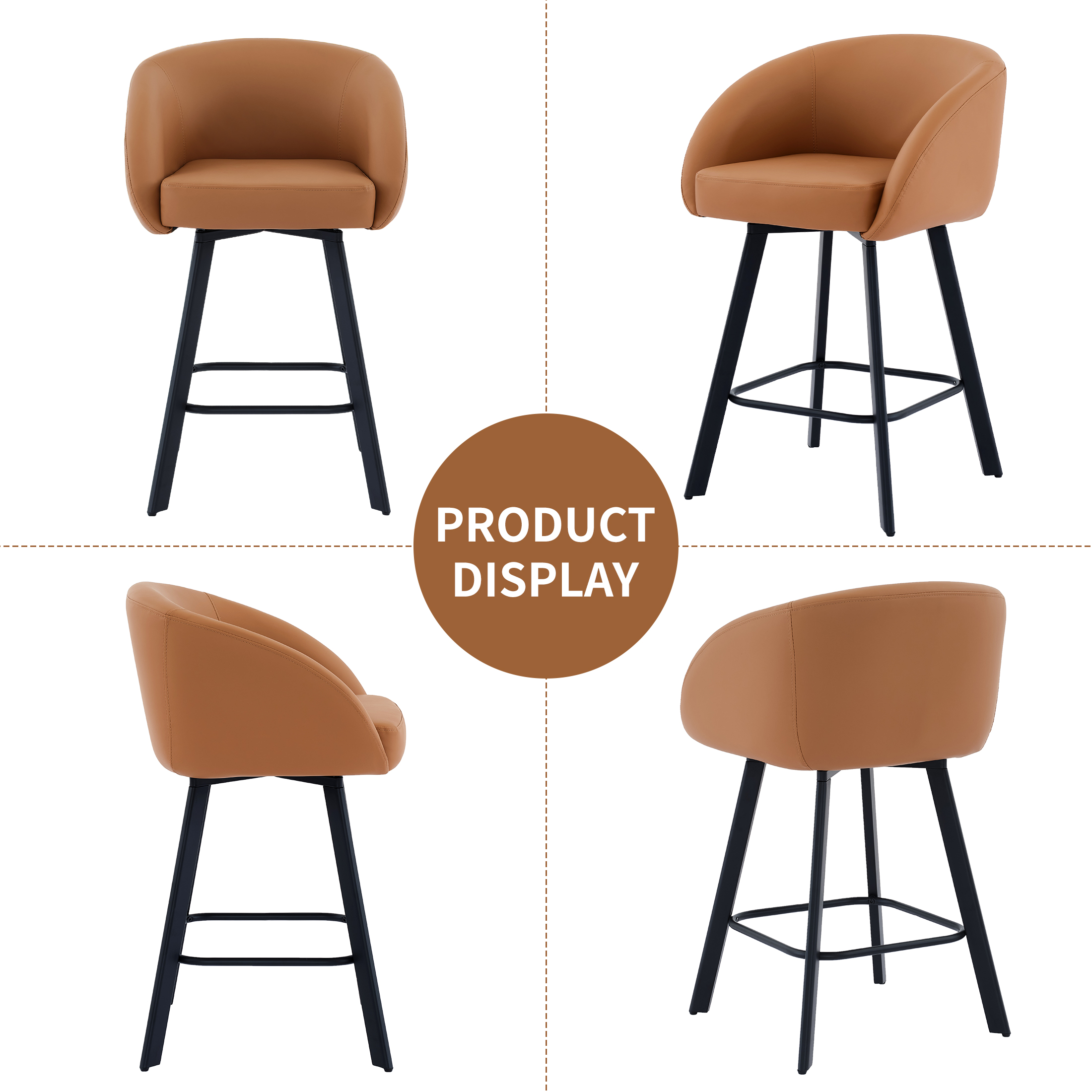 FIRAVOE Swivel Bar Stools Set of 2, 26" Counter Height Bar Stools with Back, Faux Leather Bar Chair Kitchen Barstools Counter Stools, Camel Brown