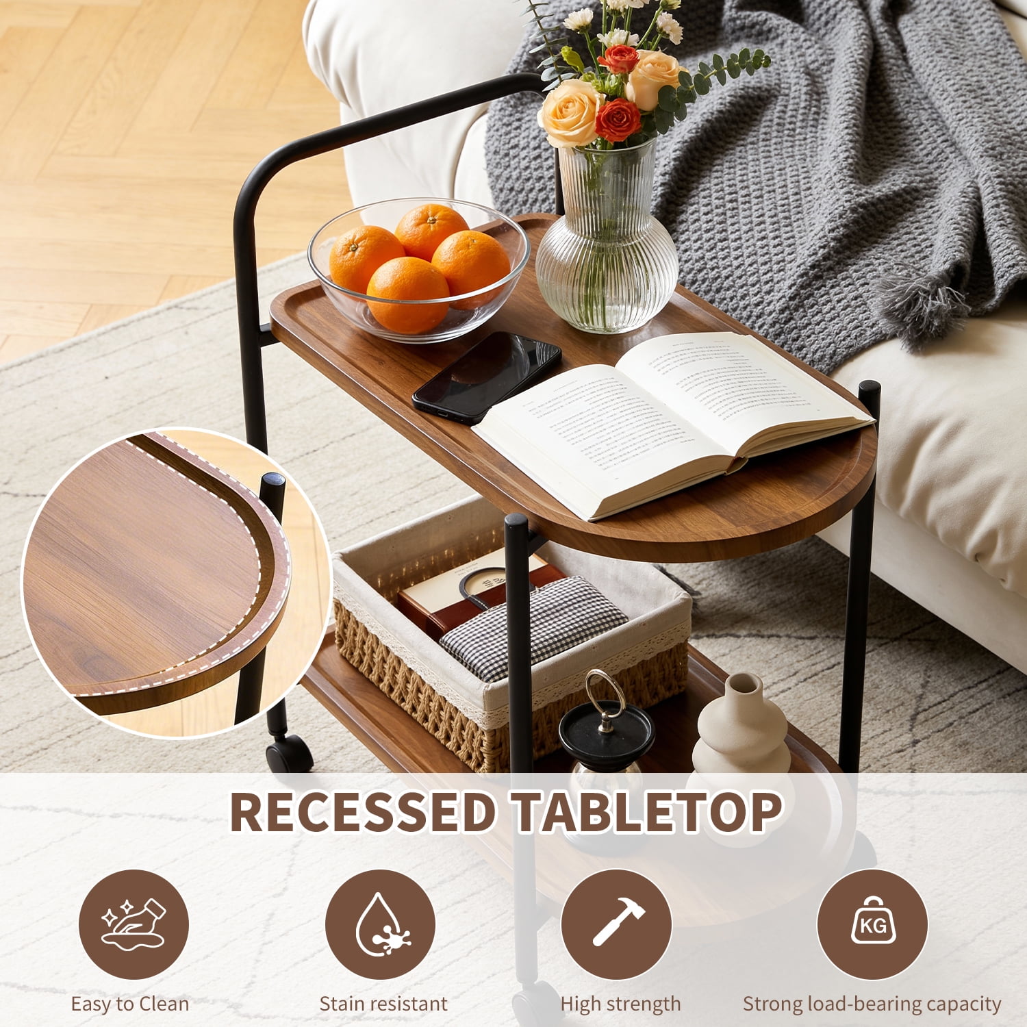 2-Tier Side Table with Wheels, Wood End Table for Small Spaces, Living Room, Bedroom, Kitchen, Rustic Brown