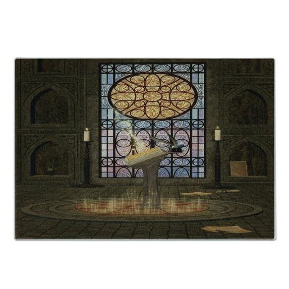 Gothic Cutting Board, Lectern on Pentagram Medieval Architecture Candlelight in Dark Altar, Decorative Tempered Glass Cutting and Serving Board, Small Size, Olive Green Mustard, by Ambesonne