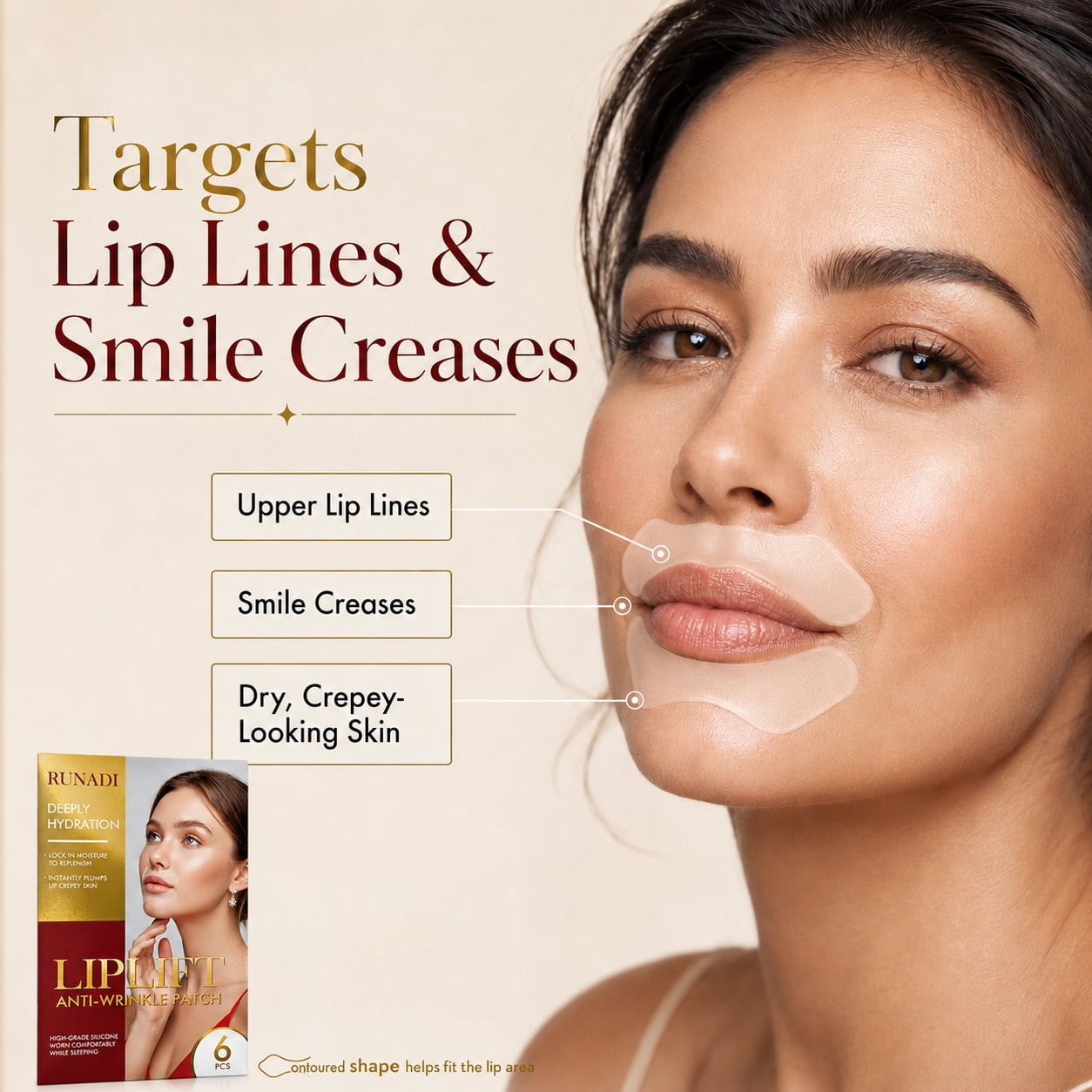 RUNADI Anti Wrinkle Patches for Lip and Smile Lines Care, Silicone Lip Wrinkle Patches for Smooth Crepey Skin Around Mouth, Reusable Wrinkle Patches for Face Overnight Support, 6 Pcs