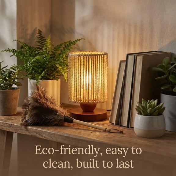 8.6" Tall Small Rattan Table Lamp for Bedroom, Boho Handwoven Wicker Nightstand Lamp with Wood Base & Warm LED Bulb, Mini Ambient Night Light for Nursery, Entryway & Dorm