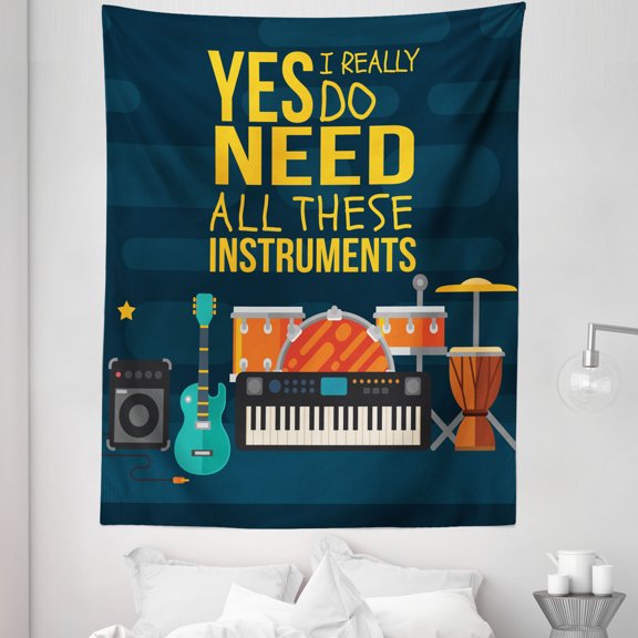 Saying Tapestry, Yes I Really Do Need All These Instruments Guitar Keyboard and Drums Cartoon Music, Fabric Wall Hanging Decor for Bedroom Living Room Dorm, 5 Sizes, Night Blue, by Ambesonne