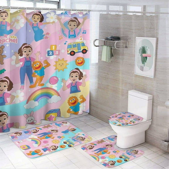 Ms Rachel 4 Piece Bathroom Shower Curtain Sets Non-Slip Rugs Bath Mat Toilet Lid Cover U Shaped Mat for Bathroom Decor Set 72" X 72"