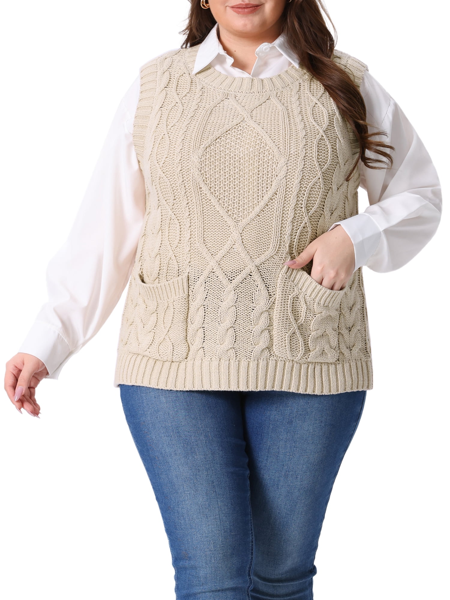 DARING DIVA Women's Solid Knitted Crew Neck Sweater Vest 2X Beige