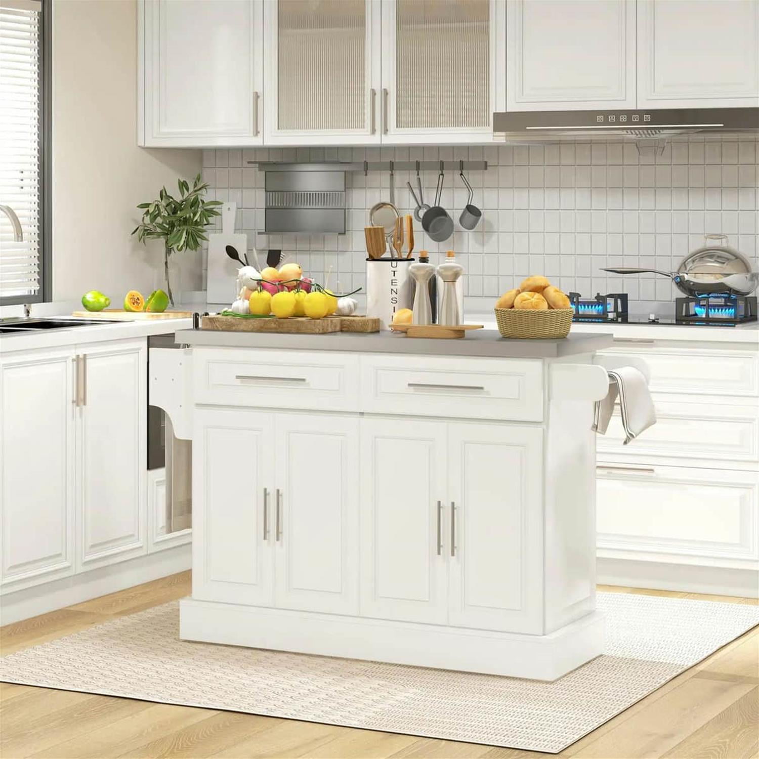 Demi Bonn 57" Rolling Kitchen Island with Stainless Steel Top, 2-Drawer Storage, Spice & Knife Rack, Mobile Island Cart for Cooking & Dining, White