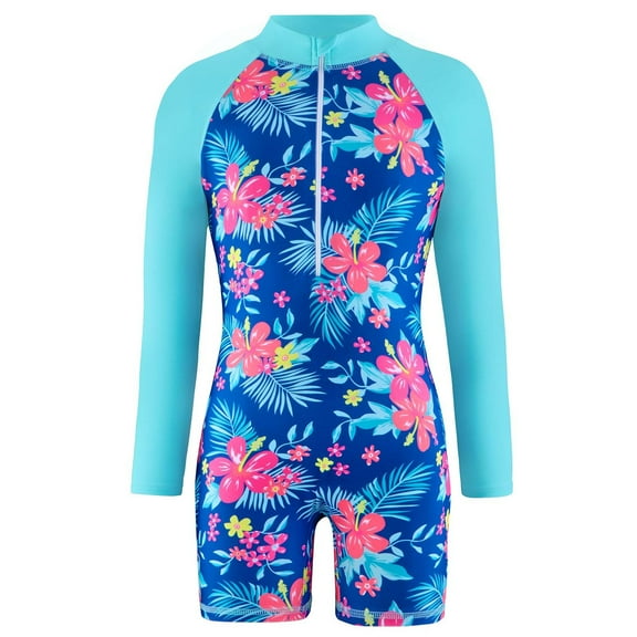 DAETIROS Girls One Piece Swimsuit, Quarter Zip Long Sleeve Beach Fashion Summer Jumpsuit Girls Swimwear Blue Size 4-10