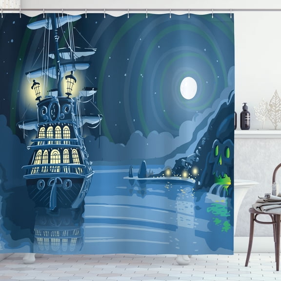 Ambesonne Cartoon Shower Curtain, Pirate Ship Moon, 69"Wx70"L, Blue