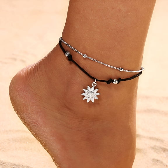 DESIGNICE Anklet for Women Beach Anklet Gothic Jewelry Boho Double Chain Sun Beads Anklet