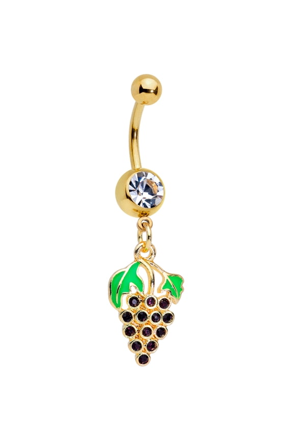 Women 14G PVD Steel Navel Ring Piercing Clear Accent Purple Grapes Fruit Dangle Belly Button Ring