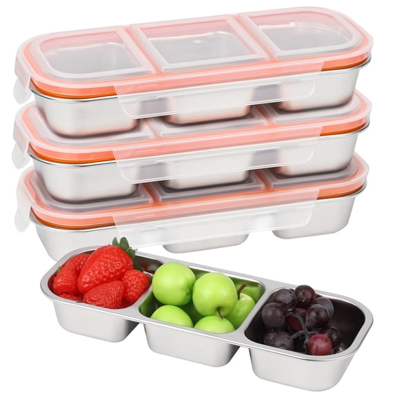 4PCS 304 Stainless Steel Bento Boxes Set, 3-Compartment, 20.29 fl oz, Leak-Proof, Divided Food Container, Portable, 4.1" x 10.3" x 1.6", Reusable Snack Boxes for Youngsters Adults