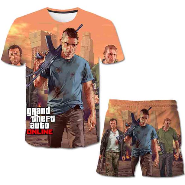 Grand Theft Auto Conjuntos de ropa Moda de verano Camisetas de dibujos animados Pantalones cortos Trajes de 2 piezas GTA5 Disfraces de cuello redondo Suits14T Gao Jinjia LED