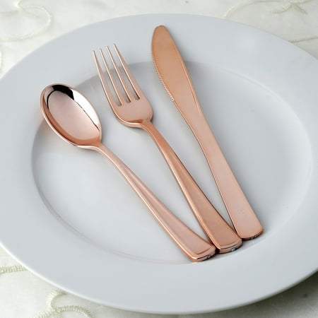 BalsaCircle Metallic Rose Gold 30 pcs Spoons, Forks, and Knives Disposable Silverware - Wedding Reception Party Catering