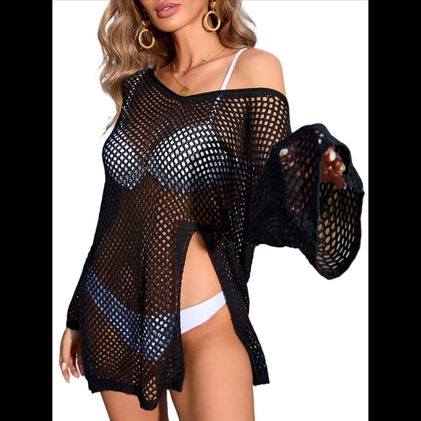 Pañuelos de Crochet para Mujer, Pareos de Baño Calados, Trajes de Verano Tejidos Negro un Tamaño