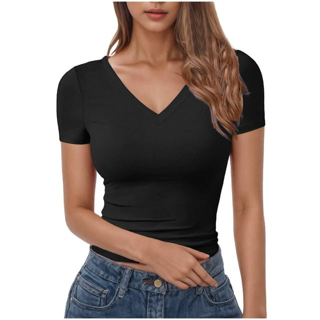Plebaso T-Shirts à Col en V pour Femmes Manches Courtes Ajustées T-Shirts Courts Couleur Unie Ajusté Décontracté pour Sortir