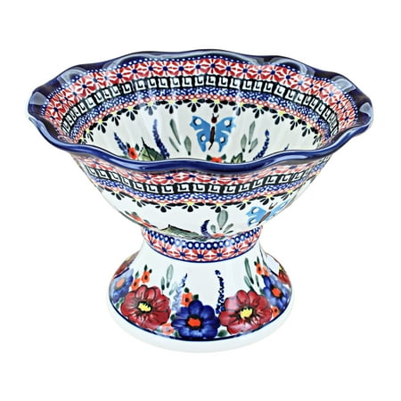 

Blue Rose Polish Pottery Floral Butterfly Small Pedestal Bowl