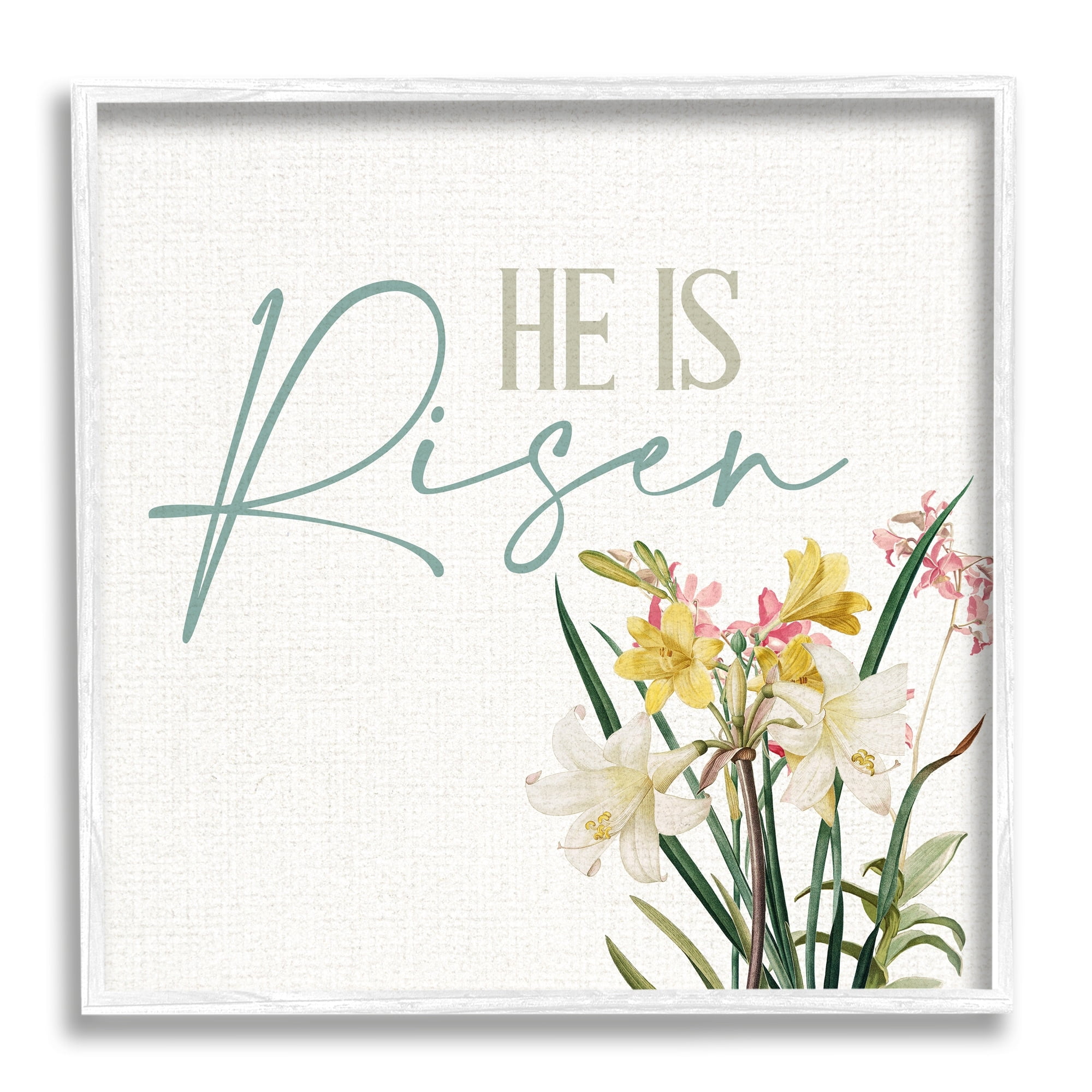 He Is Risen Religious Easter Holiday Flower Blossoms White Framed Giclee Art, 12 x 12, By Kim Allen