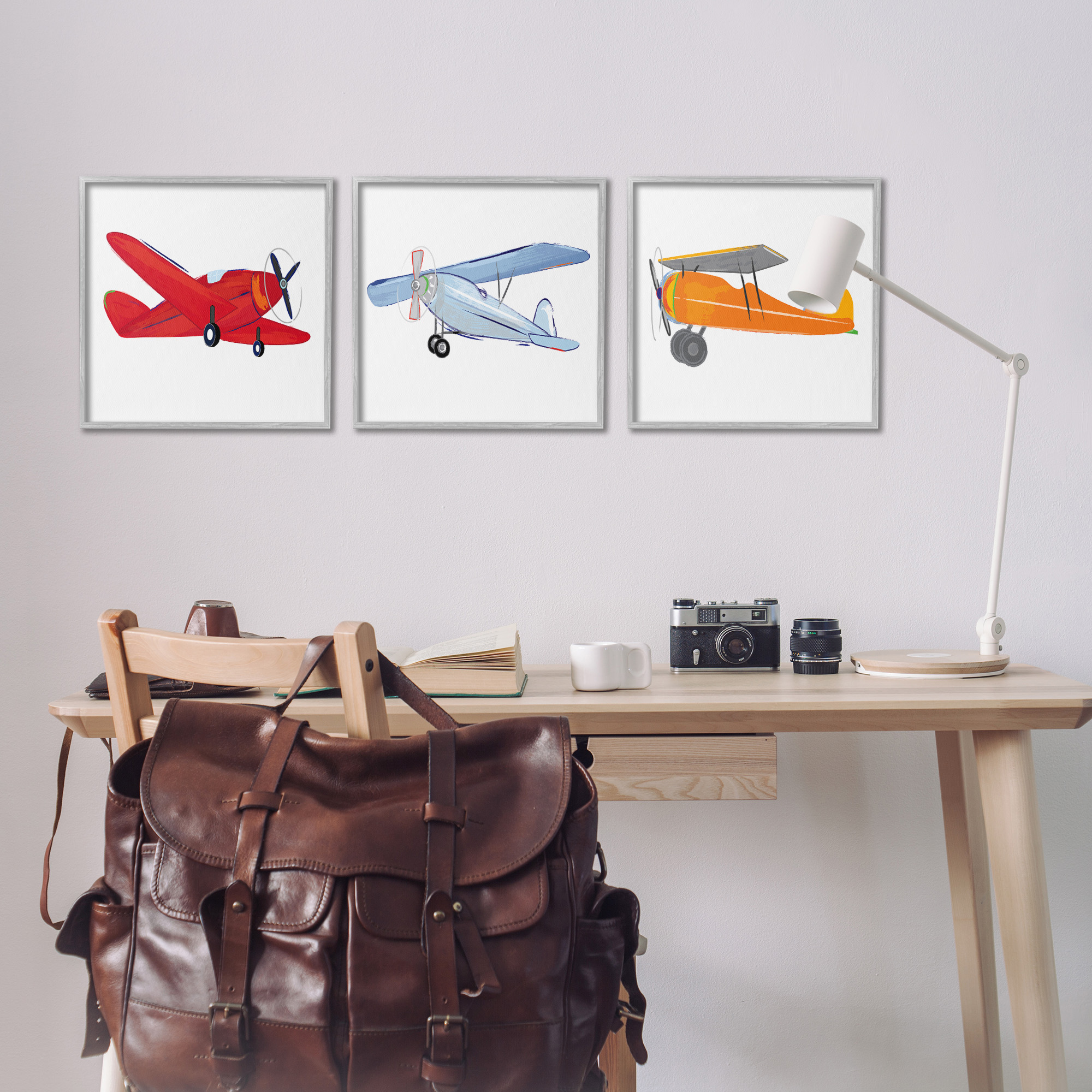 Stupell Industries Triple Colorful Airplanes Drawing Art for Kids Painting Gray Framed Art Print Wall Art, 17 x 17, Set of 3