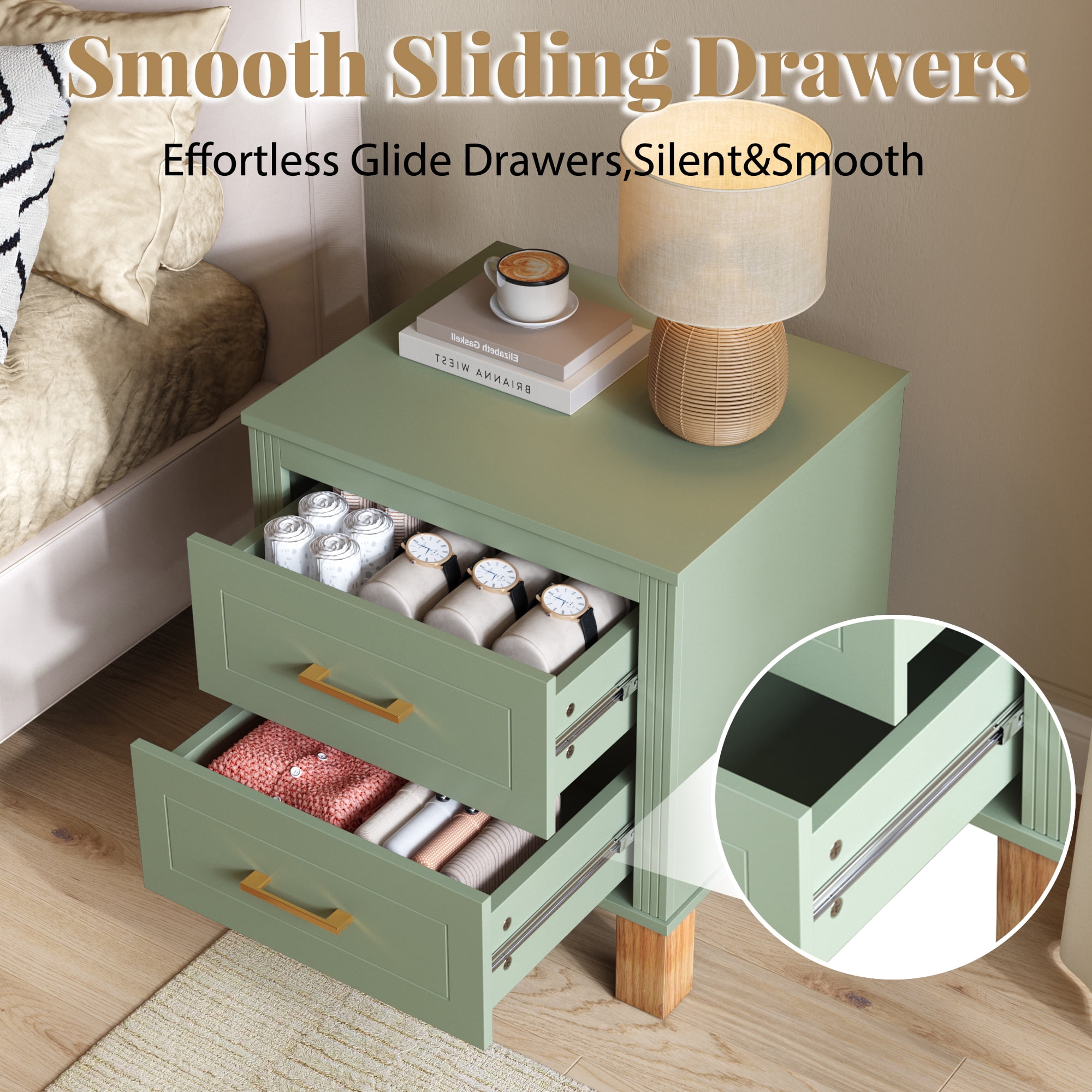 2 Drawer Nightstand, Premium Wood Storage with Elegant Fluted Design, Solid Wood Legs Nightstand with Metal Handle, Tall Bedside Table for Bedroom Living Room, Sage Green