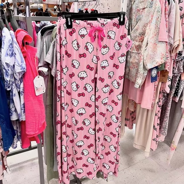 Pantalones de dormir bonitos de Hello Kitty con dibujos animados de estilo coreano para mujer en verano, pantalones casuales holgados y finos de color rosa para niñas