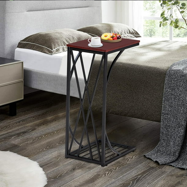 Small End Tables, CShaped Sofa Side Table with Solid Wood Top & Metal