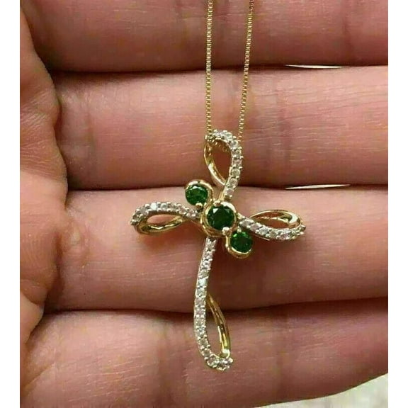 1.77Ct Round Cut Lab Created Green Emerald Cross Pendant 14k Yellow Gold Plated