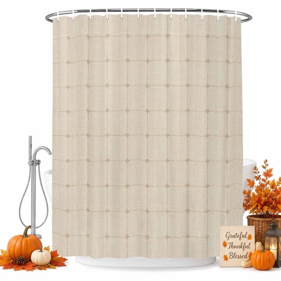 Beige Brown Gingham Shower Curtain Set - Long 72" x 84" Washable Bathtub Curtain with 12 Hooks, Modern Minimalist Geometric Plaid Waterproof Fabric Stall Shower Curtains for Bathroom/Bathtub Décor