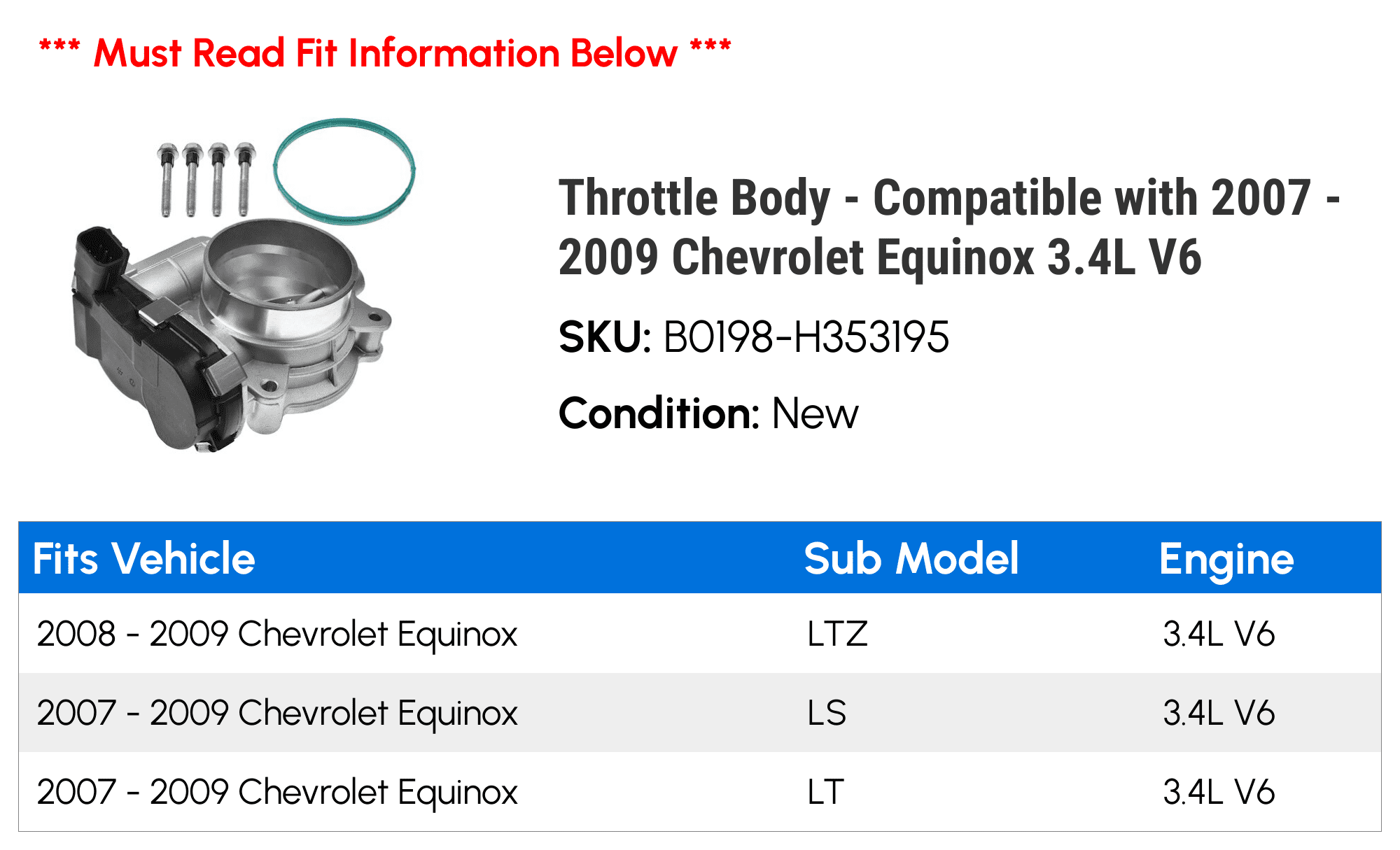 Throttle Body - Compatible with 2007 - 2009 Chevrolet Equinox 3.4L V6 - Autopart Premium