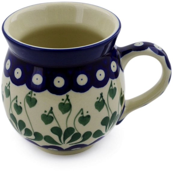 Polish Pottery Bubble Mug 12oz Polmedia Bleeding Heart Peacock Theme Hand Painted in Boleslawiec, Poland   Certificate of Authenticity