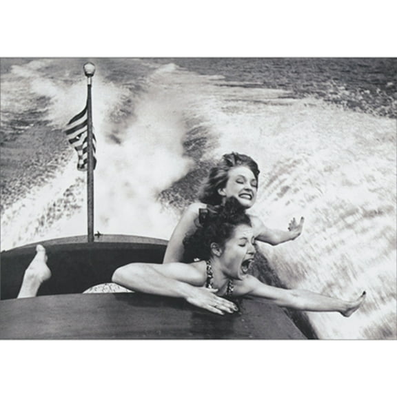 Avanti Press Two Women Having Fun on Speedboat Black and White Photo Funny Birthday Card for Woman