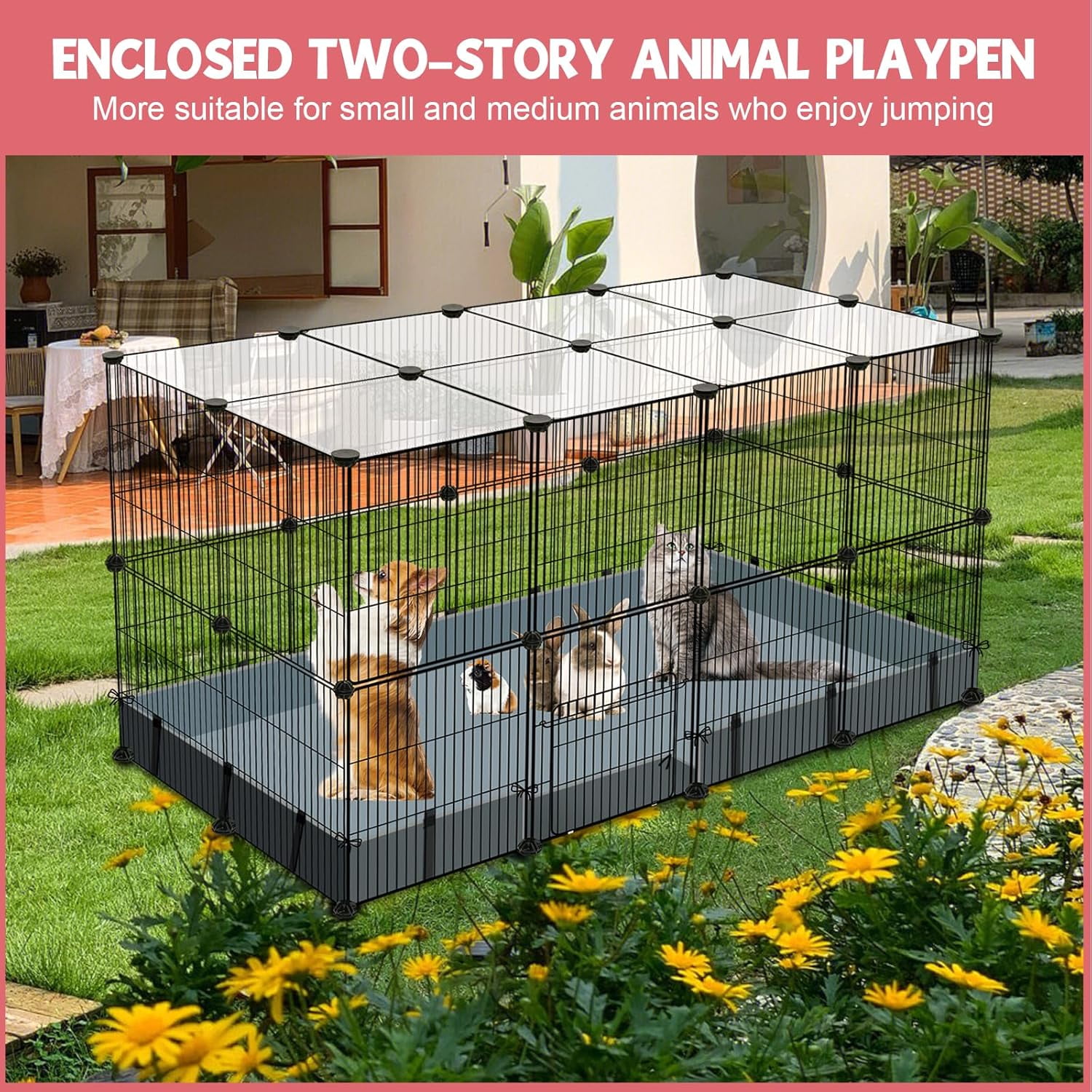 32 Panels Small Animal Playpen,Pet Playpen with Waterproof Mat,C&C Cage for Guinea Pigs,Puppy Play Pen,Bunny Playpen