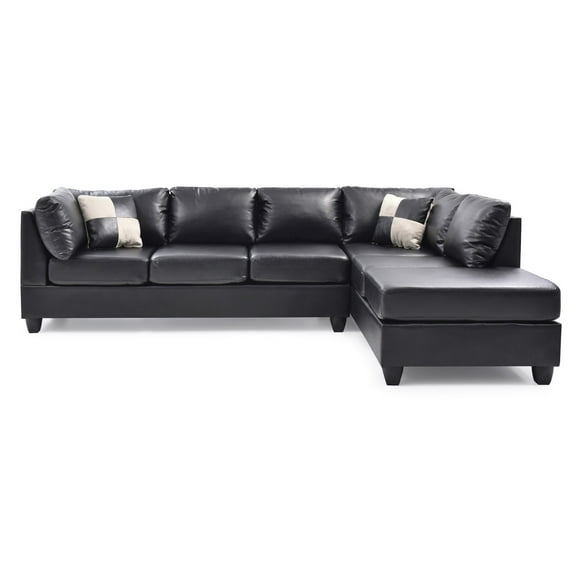 Malone 111 in. Black Faux Leather 4-Seater Sectional Sofa with 2-Throw Pillow