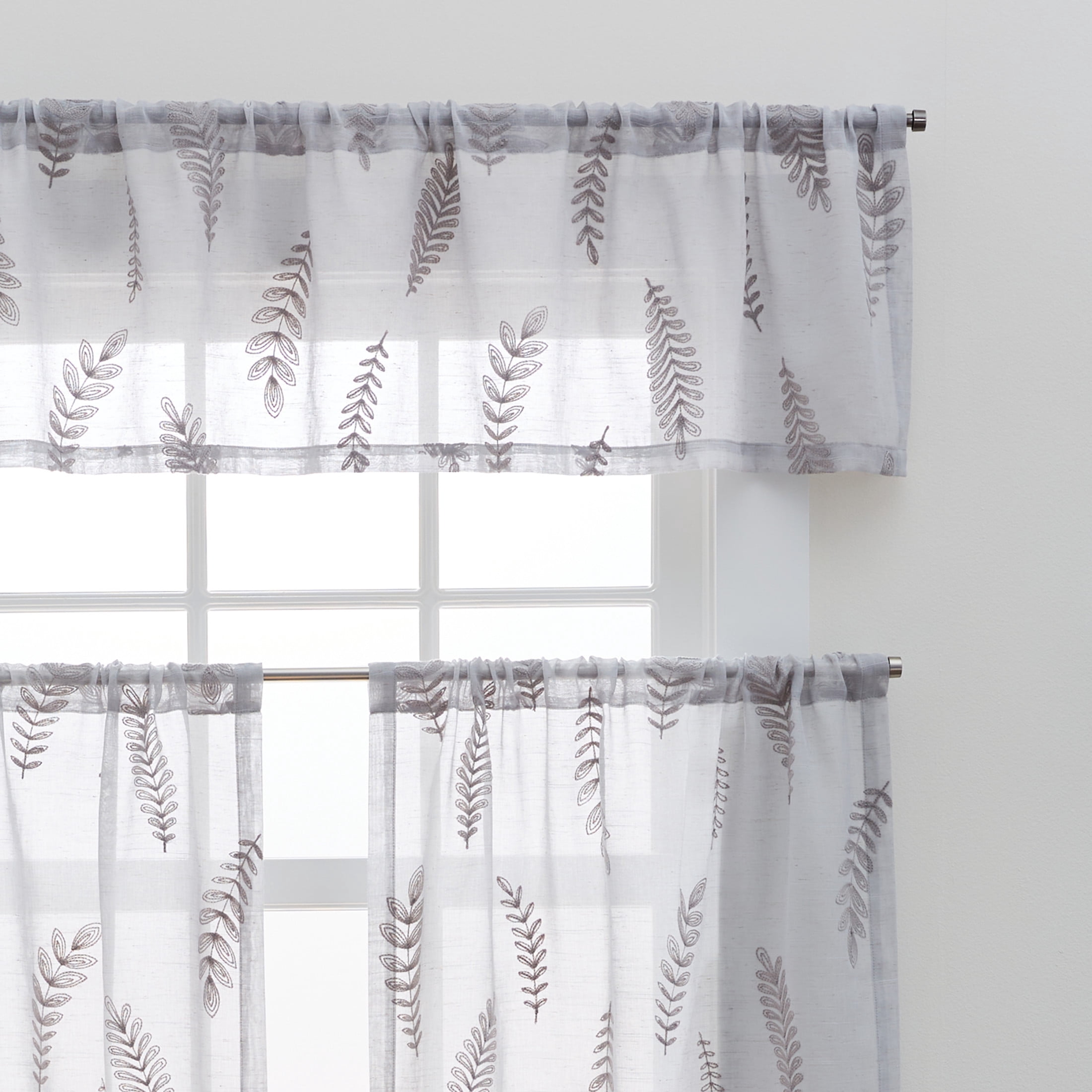 Better Homes & Gardens Embroidered Botanical Valance & Tier Set, 3-Piece Curtain, Silver, Indoor, 60"W x 36"L, Adult, Teen