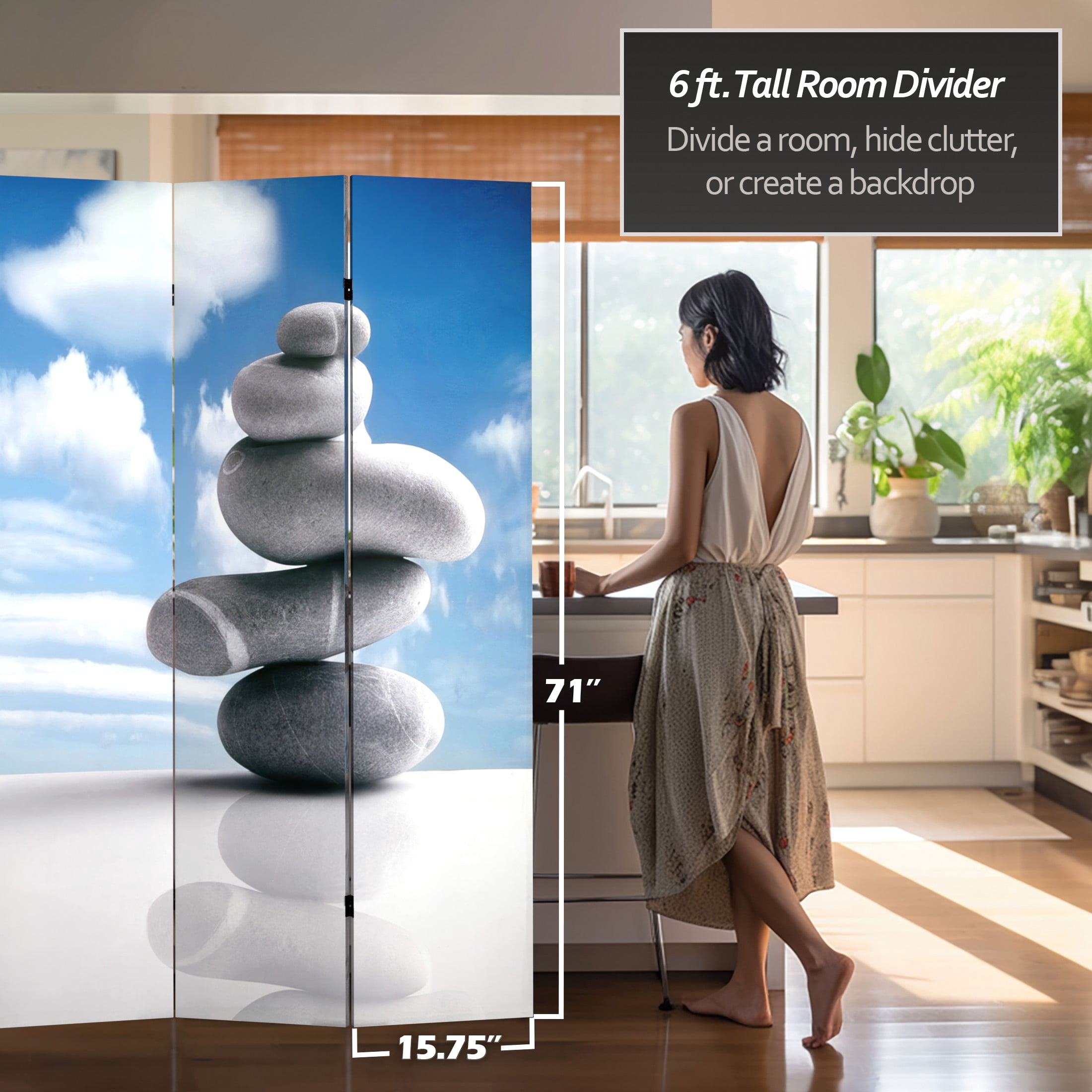 6 ft. Tall Traditional Zen Rock Art Print Canvas Screen Room Divider