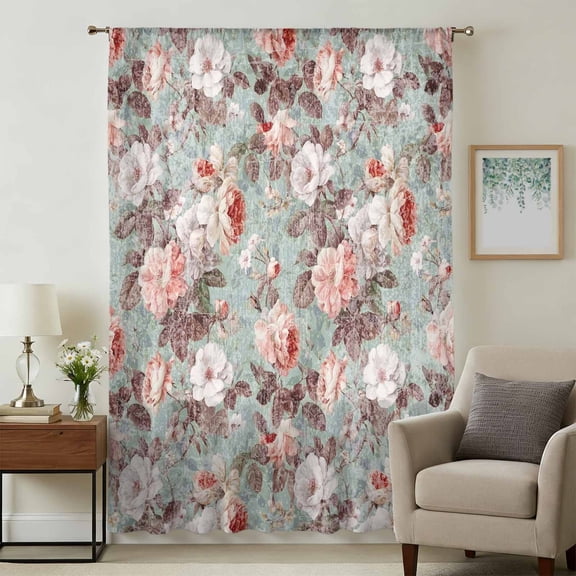 Pink Green Spring Floral Sheer Curtains 72 Inches Long, Vintage Botanical Summer Light Filering Curtains, Breathable Simi Curtain Privacy Drapes for Living Room Bedroom Lightweight Window Treatment