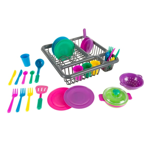 Hey! Play! 27-Piece Pretend Play Cookware Set and Kids Dish Playset with Dish Drainer, Kitchen Tableware, Cups, Utensils, and Plates - Toy Kitchen Set for Kids