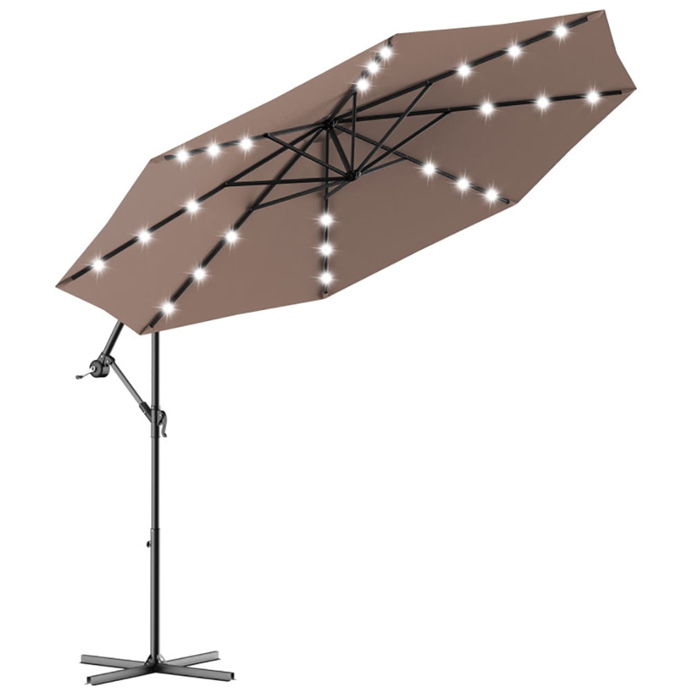 Aimee Lii 10 Feet Patio Hanging Solar LED Umbrella Sun Shade with Cross Base, Table Umbrella Outdoor Patio, Tan