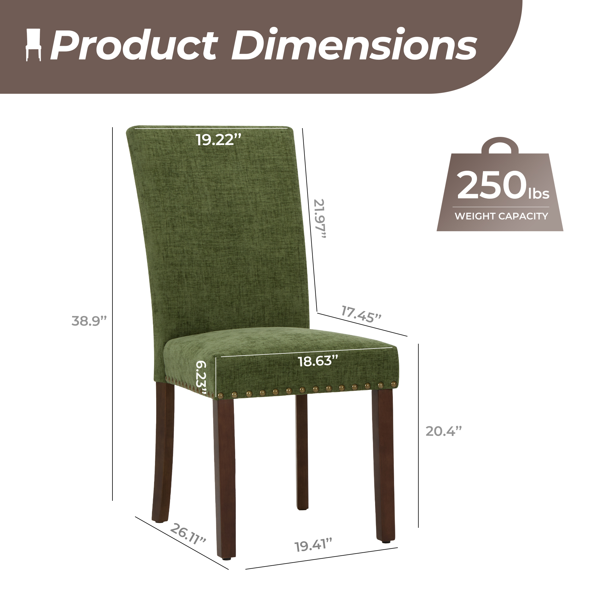 Mid-Century Fabric Dining Chairs Set of 2 with Nailhead Detail and Wooden Legs, Upholstered Side Chairs for Kitchen and Dining Room – Green
