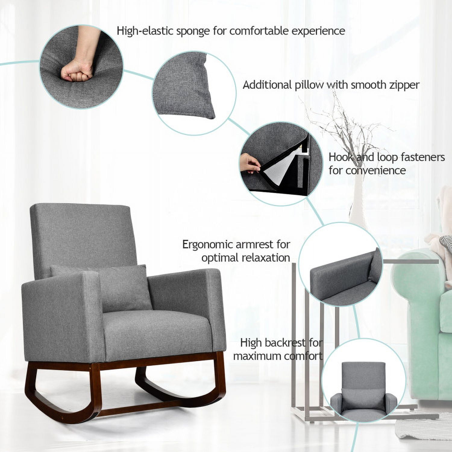 Finihen Rocking Chair, 2-in-1 Fabric Upholstered Rocking Chair, Armchair with Pillow, for Living Room, Gray Finihen Rocking Chair, 2-in-1 Fabric Upholstered Rocking Chair, Armchair with Pillow, for Living Room, Gray